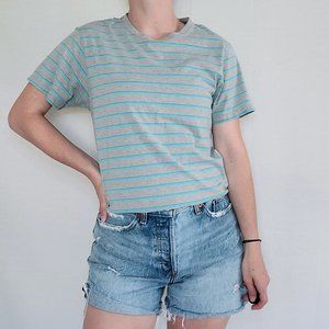 Patagonia Organic Cotton Gray/Turquoise Blue Striped Short Sleeve Tee Shirt